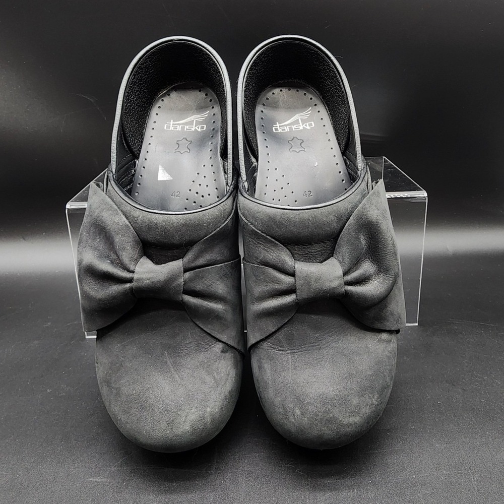 Dansko 42 Black Leather Bow Clogs Professional Nursing Work Comfort Shoes Retro